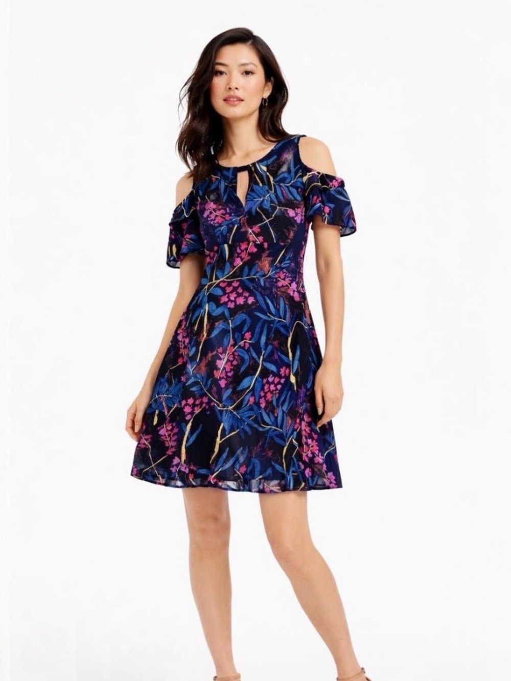 Maeve Women’s Elia Black and Blue Floral Cold Shoulder Mini Dress